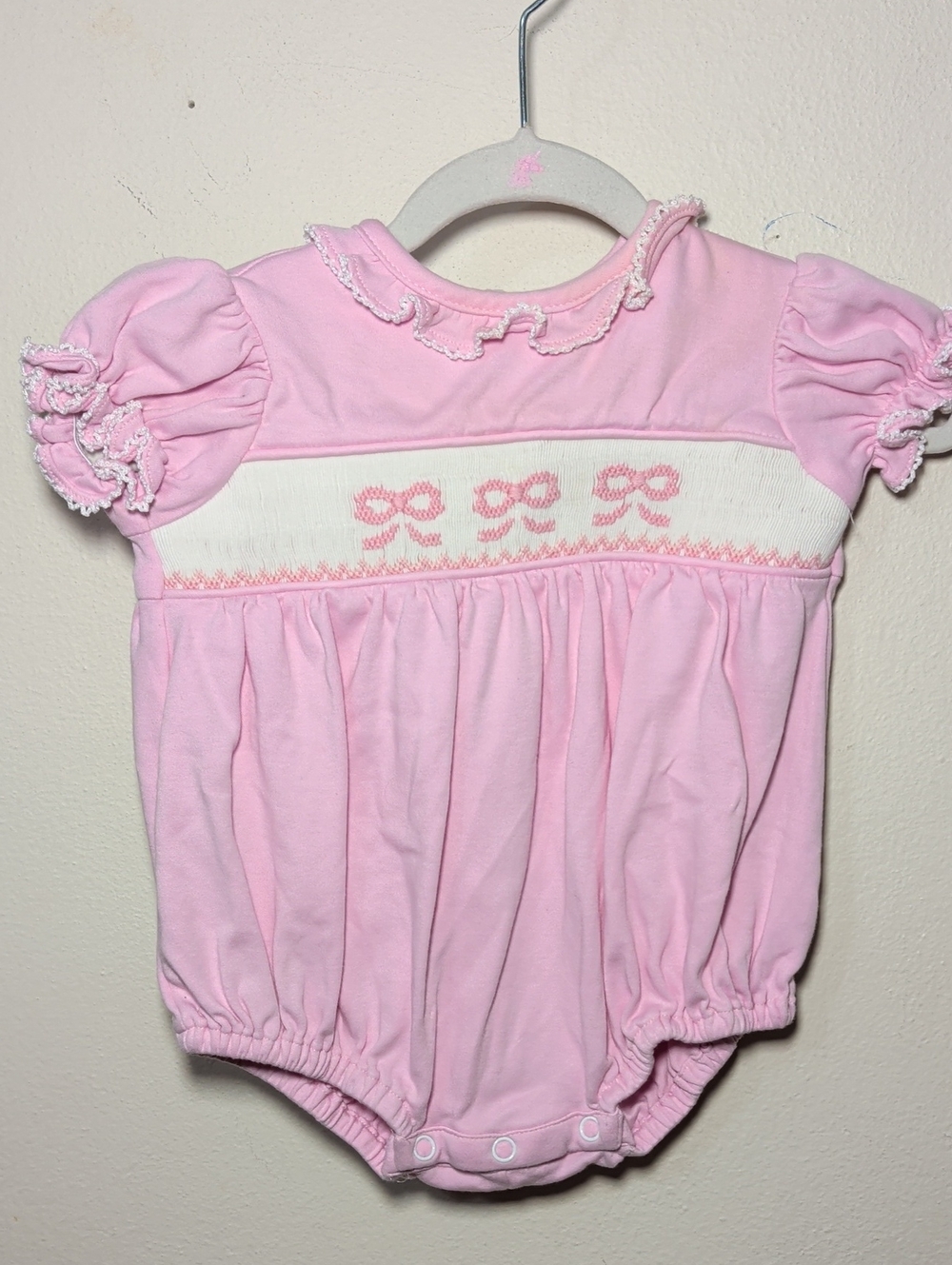 Baby Sen by Remember Nguyen Pink Bubble with Smocked Bows Ruffle Collar Size 3M